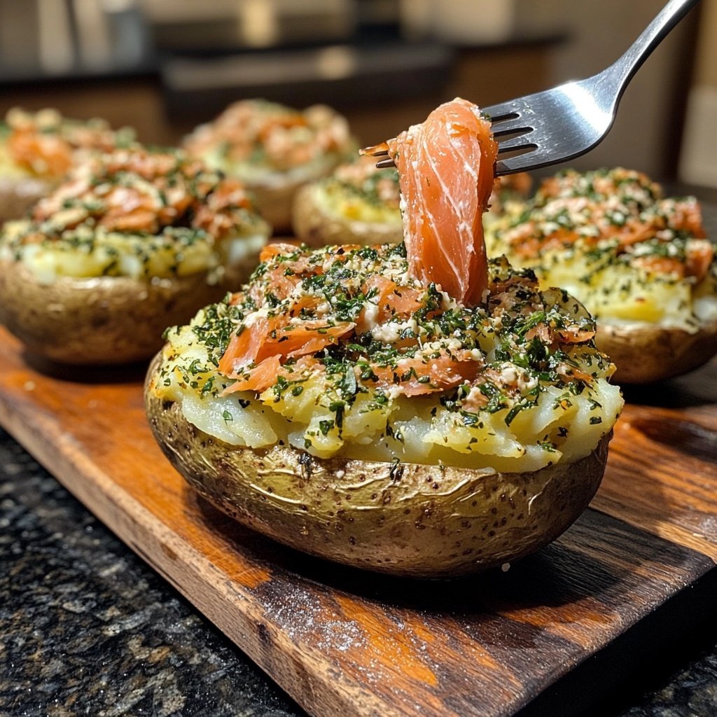 Loaded Baked Potatoes with Herb Cream and Smoked Salmon