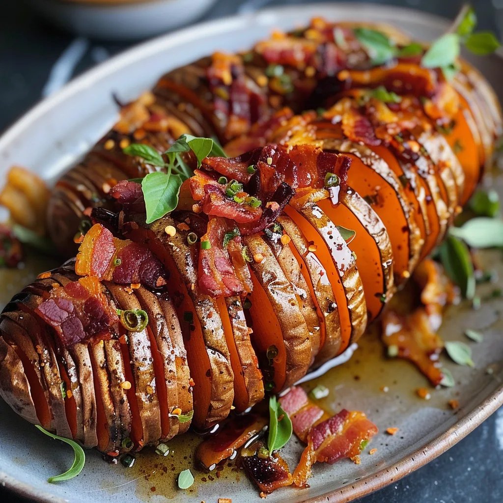 Roasted Hasselback Sweet Potatoes With Bacon Maple Brown Butter